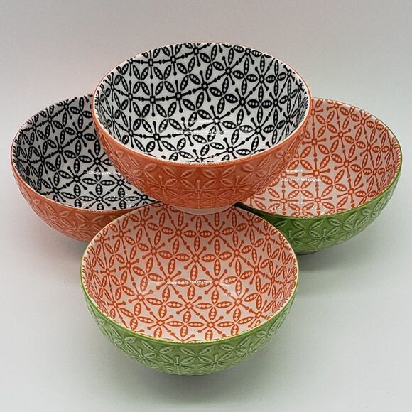 Now Designs Stamped Green/Orange and Orange/Black Porcelain 4pc Rice Bowl Set - Picture 5 of 13